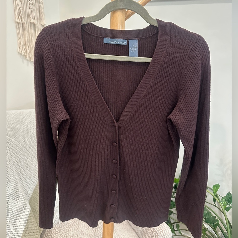 Hillard & Hanson Ribbed Button Front Cardigan | Brown | Size Large